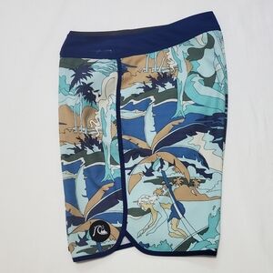Quicksilver High Line Board Shorts Blue Surfer Print 33 Waist